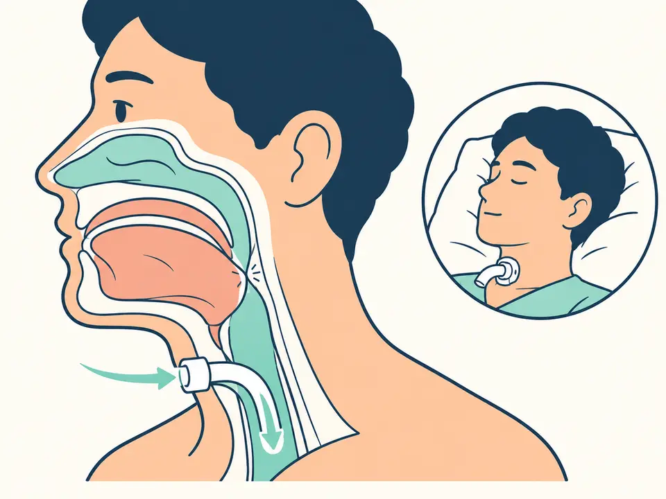 막힌 목 대신 목 앞 기관에 낸 관으로 숨 쉬는 모습을 그린 삽화