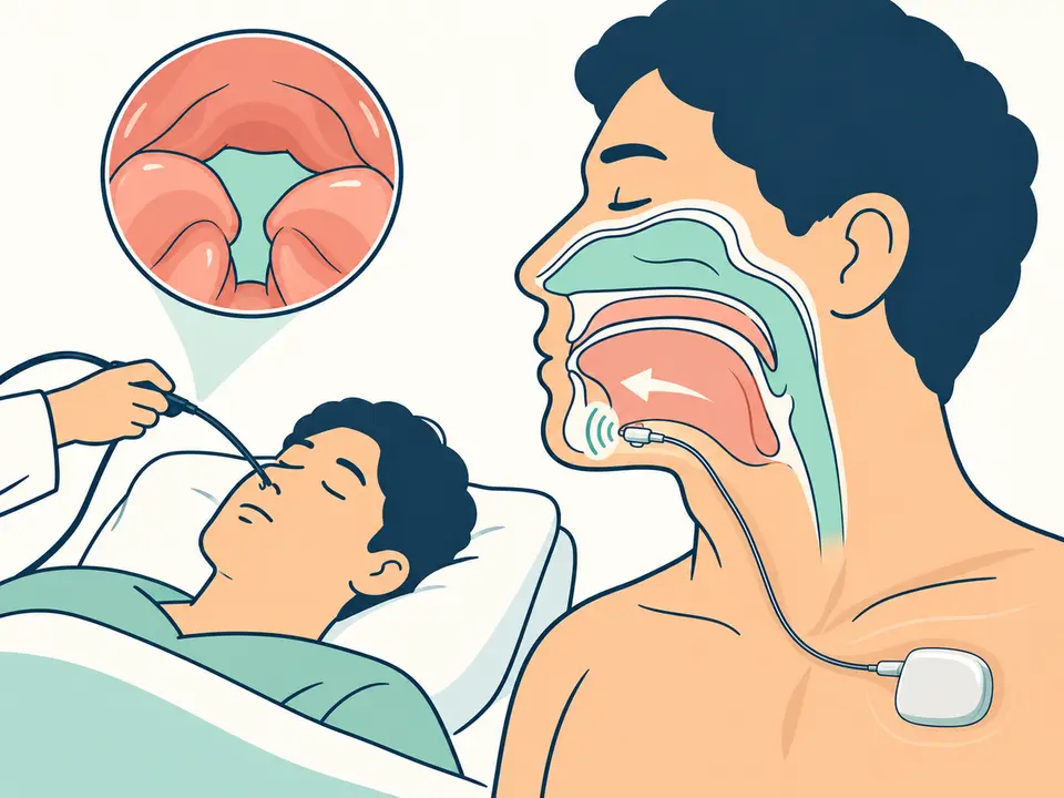 수면내시경으로 기도를 살피는 모습과 쇄골 아래 신경자극 장치가 혀를 앞으로 당기는 모습의 삽화